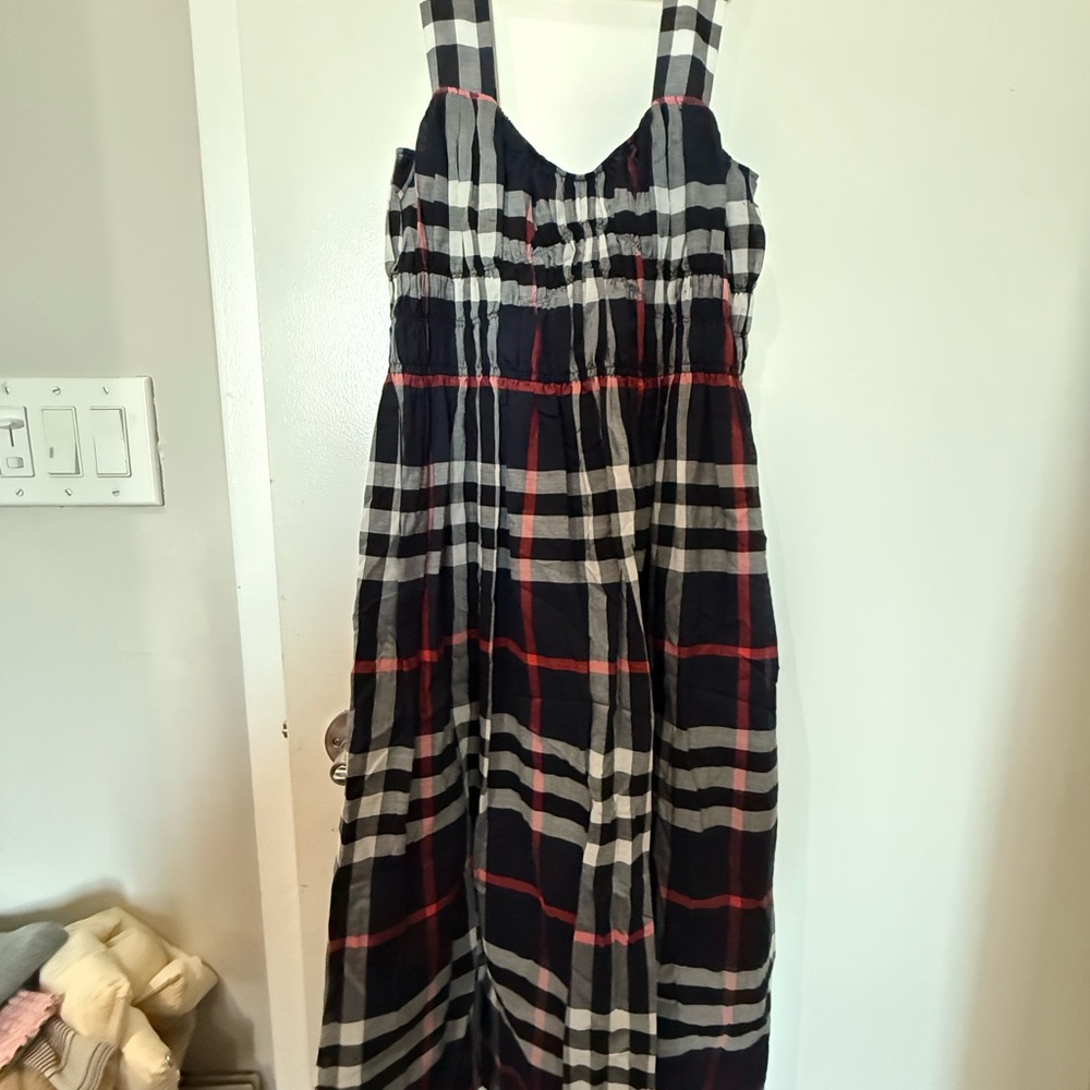 Burberry Navy  Plaid Midi Dress with Red and White Stripe